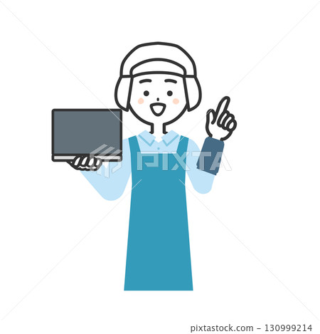 一位戴著衛生帽和圍裙、手裡拿著筆記型電腦的女士的插圖 130999214