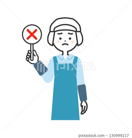一位戴著衛生帽和圍裙的女士拿著錯誤答案標籤的插圖 130999217
