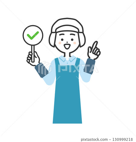 一位戴著衛生帽和圍裙的婦女拿著一個複選標記的插圖 一位戴著衛生帽和圍裙的婦女拿著一個複選標記的插圖 130999218
