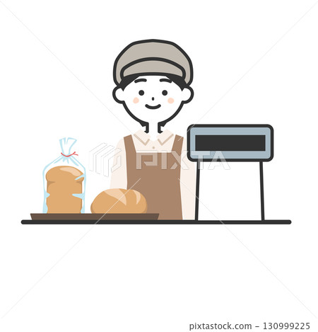 Illustration of a woman wearing a hat and apron standing at a cash register with a tray of bread on it 130999225