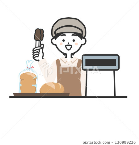 Illustration of a woman wearing a hat and apron standing at a cash register with a tray of bread 130999226