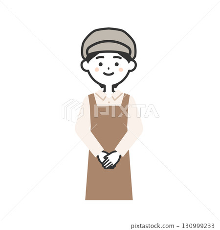 Illustration of a woman wearing a hat and an apron with her hands clasped in front of her 130999233