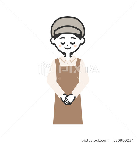 一位戴著帽子和圍裙鞠躬的女人的插圖 一位戴著帽子和圍裙鞠躬的女人的插圖 130999234