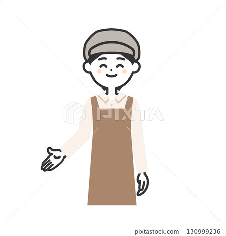 Illustration of a woman wearing a hat and apron pointing downwards 130999236