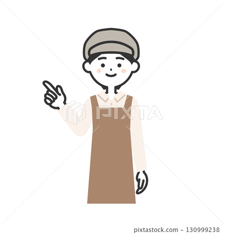 Illustration of a woman wearing a hat and an apron pointing Illustration of a woman wearing a hat and an apron pointing 130999238