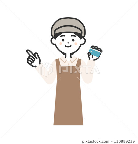 Illustration of a woman wearing a hat and apron holding a card and pointing up Illustration of a woman wearing a hat and apron holding a card and pointing up 130999239