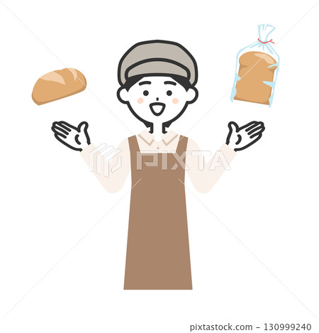 一位戴著帽子和圍裙的女人正在比較麵包的插圖 130999240