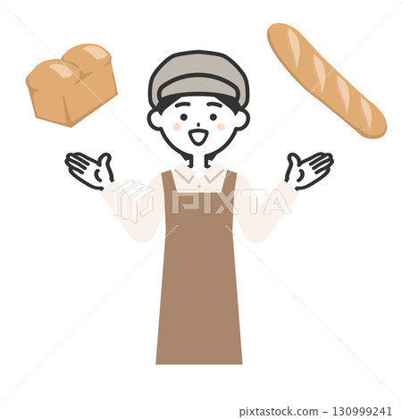 一位戴著帽子和圍裙的女人正在比較麵包的插圖 130999241