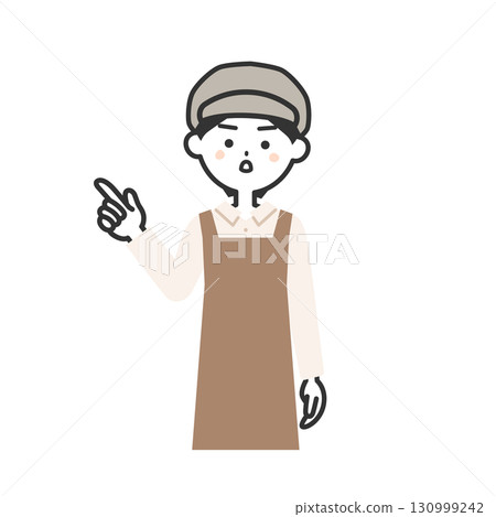 一位戴著帽子和圍裙、表情嚴肅的女士的插圖 一位戴著帽子和圍裙、表情嚴肅的女士的插圖 130999242