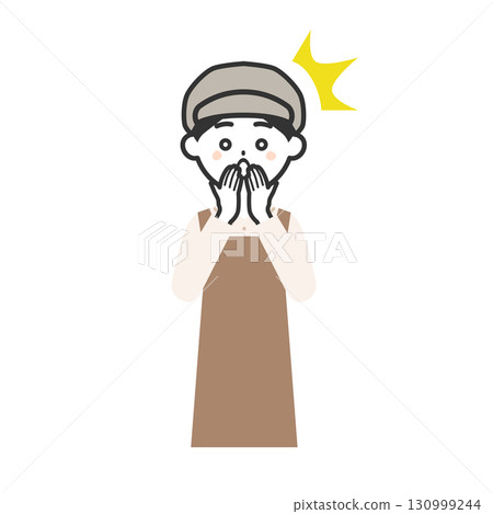 一位戴著帽子和圍裙的女人驚訝地用手摀住嘴的插圖 130999244