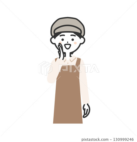 一位戴著帽子和圍裙的女人用手摀住嘴巴打電話的插圖 130999246