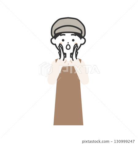 一位戴著帽子和圍裙的女人用手摀住嘴巴打電話的插圖 130999247
