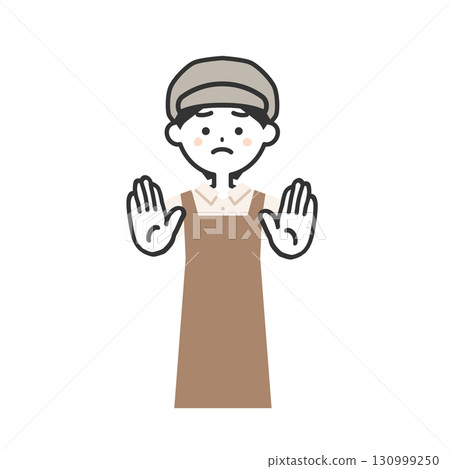 Illustration of a woman wearing a hat and apron holding something back with both hands 130999250