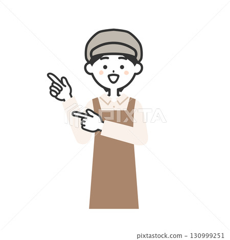 一位戴著帽子和圍裙的女人用雙手指著 130999251