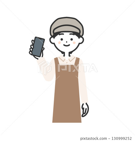 一位戴著帽子和圍裙、手裡拿著智慧型手機的女士的插圖 一位戴著帽子和圍裙、手裡拿著智慧型手機的女士的插圖 130999252