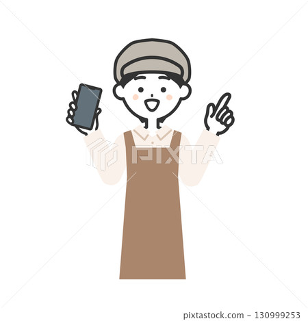 一位戴著帽子和圍裙的女人拿著智慧型手機並指向上方的插圖 一位戴著帽子和圍裙的女人拿著智慧型手機並指向上方的插圖 130999253