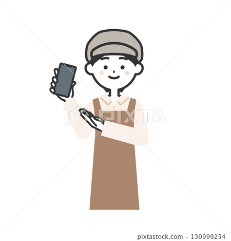 一位戴著帽子和圍裙的女士指著她的智慧型手機的插圖 130999254
