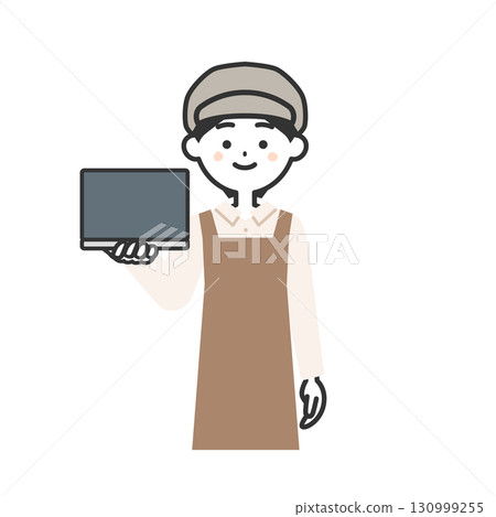 一位戴著帽子和圍裙、手裡拿著筆記型電腦的女士的插圖 130999255
