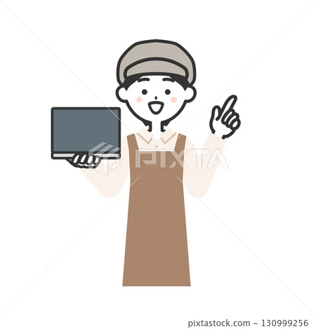 一位戴著帽子和圍裙、手裡拿著筆記型電腦的女士的插圖 130999256