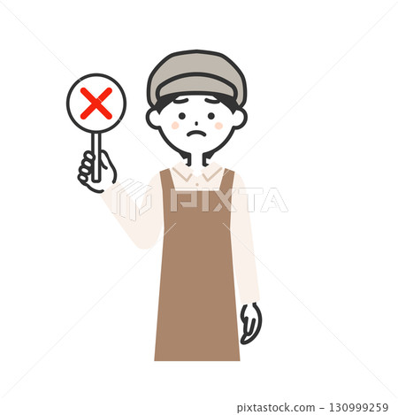 一位戴著帽子和圍裙的女人拿著一張錯誤的答案卡的插圖 130999259