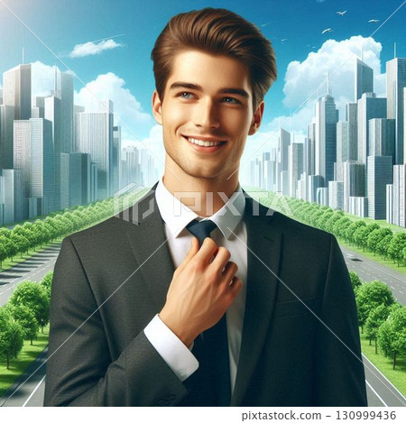 Businessman adjusting his tie with the city in the background 130999436