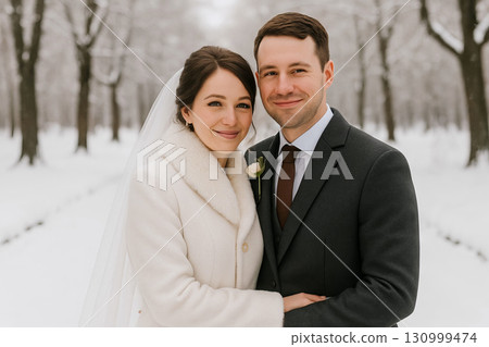 Smiling bride and groom posing in snowy winter park during wedding day. Concept of romantic couple, winter marriage celebration, seasonal love story, outdoor wedding photography. 130999474