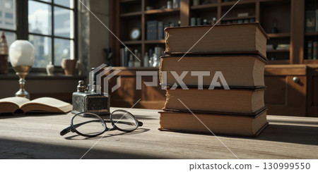 A tall stack of antique books with worn leather covers, sitting on an old wooden desk, surrounded by a couple 130999550