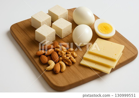 Assorted protein snacks with cheese slices, nuts, and boiled eggs displayed on a wooden board. concept of healthy eating, protein-rich diet, nutritious snack ideas. 130999551
