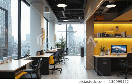 Office Design, New York City, Modern Workspace: Contemporary yellow-accented shared office space with city views. Office Design, New York City, Modern Workspace: Contemporary yellow-accented shared office space with city views. 130999552