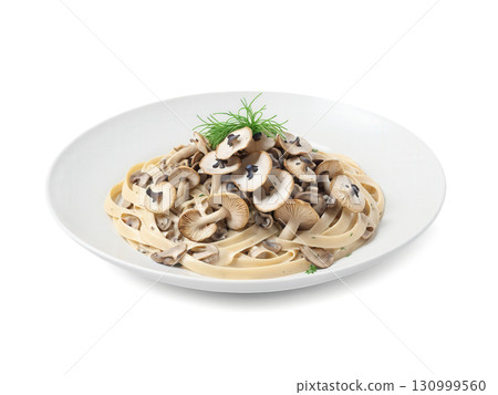 Fettuccine with Wild Mushrooms Fettuccine pasta topped with a creamy wild mushroom sauce made with a variety of mushrooms and 130999560