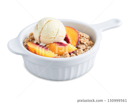 Peach Crisp Fresh, juicy peaches baked with a crumbly topping made of oats, brown sugar, and butter. This dessert is 130999561