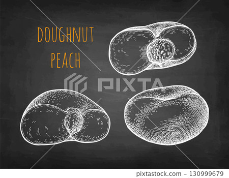 Whole and halved donut peach chalk sketches. 130999679