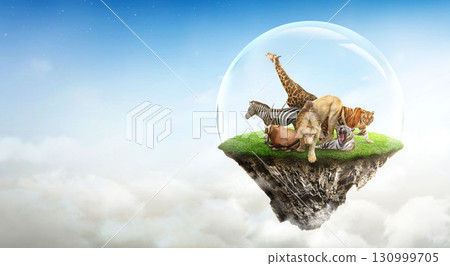 Concept Nature reserve conserve Wildlife reserve tiger Giraffe Global warming Ecology, fantasy island with wild animals floating in the sky. Concept Nature reserve conserve Wildlife reserve tiger Giraffe Global warming Ecology, fantasy island with wild animals floating in the sky. 130999705
