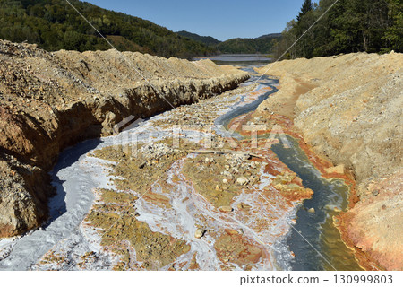Acid mine water drainage flow, toxic mine waters polluting the environment 130999803