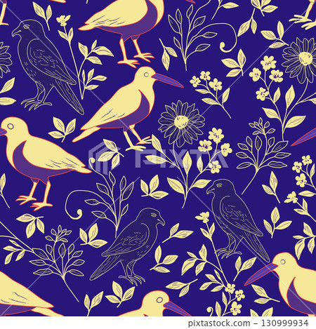 Eurasian Oyster Catcher and Northern Goshawk seamless vector pattern, hand drawn birds background. Vector illustration 130999934