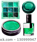 Green set of decorative cosmetics for makeup. Watercolor. White background. Isolated. For postcards 130999947