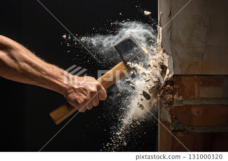 a worker hitting the wall with a sledgehammer 131000320