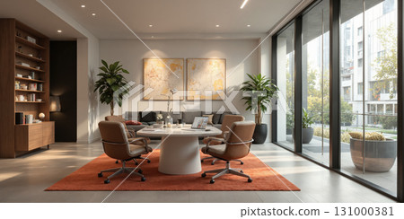 AI-powered content creation office with digital storyboarding tools, comfortable workstations, and mood lighting. A content creation office designed with AI-powered 131000381