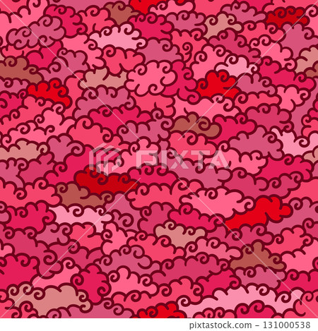 Vector seamless pattern with hand drawn Asian cloud motifs in red, pink and beige shades, outlined in burgundy, perfect for silk scarves, fashion lining, accent packaging and statement textile designs 131000538