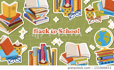 Cartoon flat style horizontal poster with quote back to school, books, stacks, globe, reading glasses, and cocoa mug. 131000653