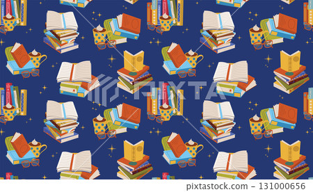 Seamless cartoon flat pattern featuring books, stacks, cocoa mug, and reading glasses. Seamless cartoon flat pattern featuring books, stacks, cocoa mug, and reading glasses. 131000656