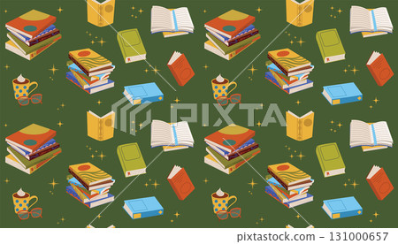 Cartoon flat seamless background with books, stacks, cocoa mug, and reading glasses. Cartoon flat seamless background with books, stacks, cocoa mug, and reading glasses. 131000657