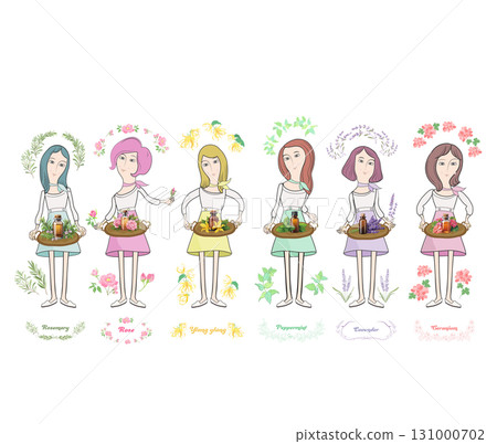 手持迷迭香、薰衣草、天竺葵、薄荷、玫瑰和依蘭精油的婦女 131000702