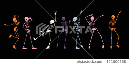 Halloween disco party skeletons dancing with funky vibe. Perfect for designers, event planners, and brands creating spooky festive posters, decorations, and party visuals. 131000868
