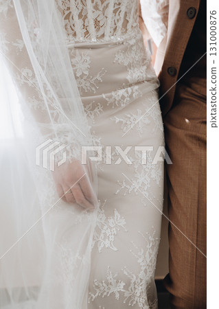 Brides Lace Dress and Veil Close-Up Brides Lace Dress and Veil Close-Up 131000876