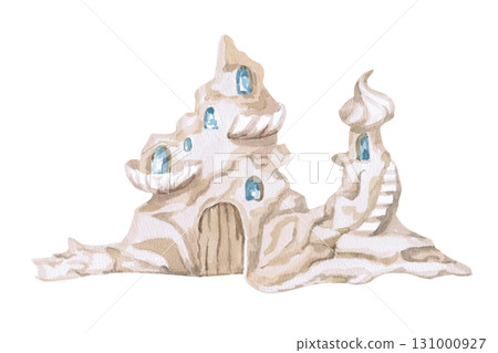 A fairytale underwater palace of the little mermaids. Isolated watercolor for children's printed illustrations, clothing printing, and interior design for themed parties and children's rooms. 131000927