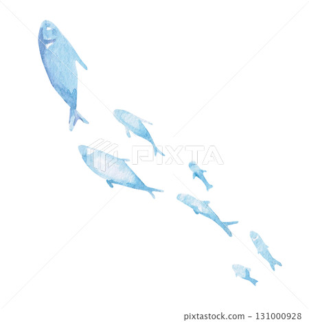 A school of fish. Isolated watercolor illustration of underwater inhabitants for children's printed materials, clothing, and interior design for themed parties and children's rooms. 131000928