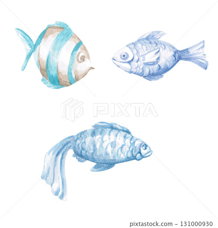 A set of three fish. Isolated watercolor illustrations of underwater creatures for children's prints, clothing, and interior design for themed parties and children's rooms. 131000930