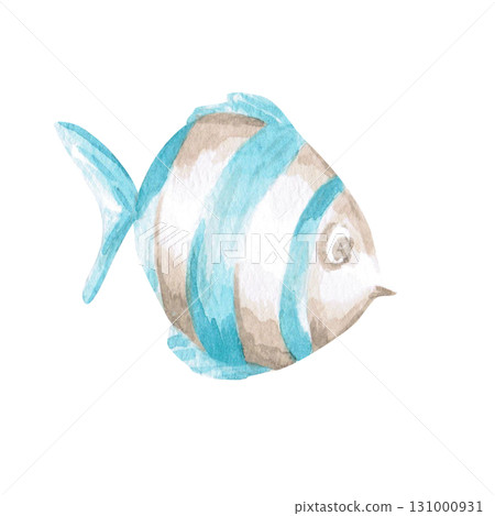 A fantasy striped fish. Isolated watercolor illustration of underwater creatures for children's prints, clothing, and interior design for themed parties and children's rooms. 131000931