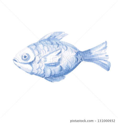 A fabulous blue fish. Isolated watercolor illustration of underwater creatures for children's prints, clothing, and interior design for themed parties and children's rooms. 131000932